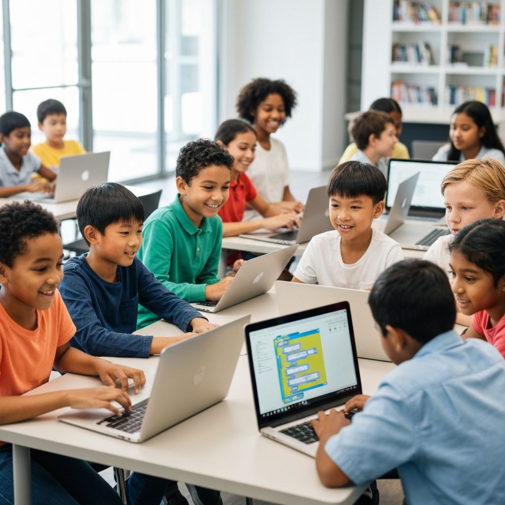 Kinderen die samen programmeren op laptops